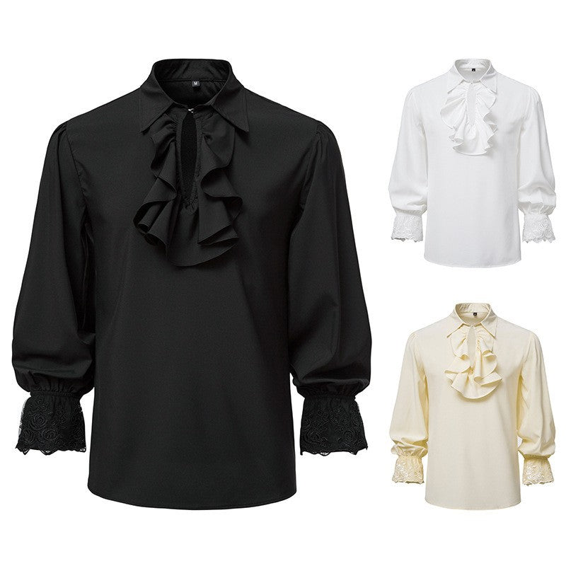 Men Steampunk Ruffle Shirt Long Sleeve Lace Cuff Medieval Victorian Halloween Costume Tops
