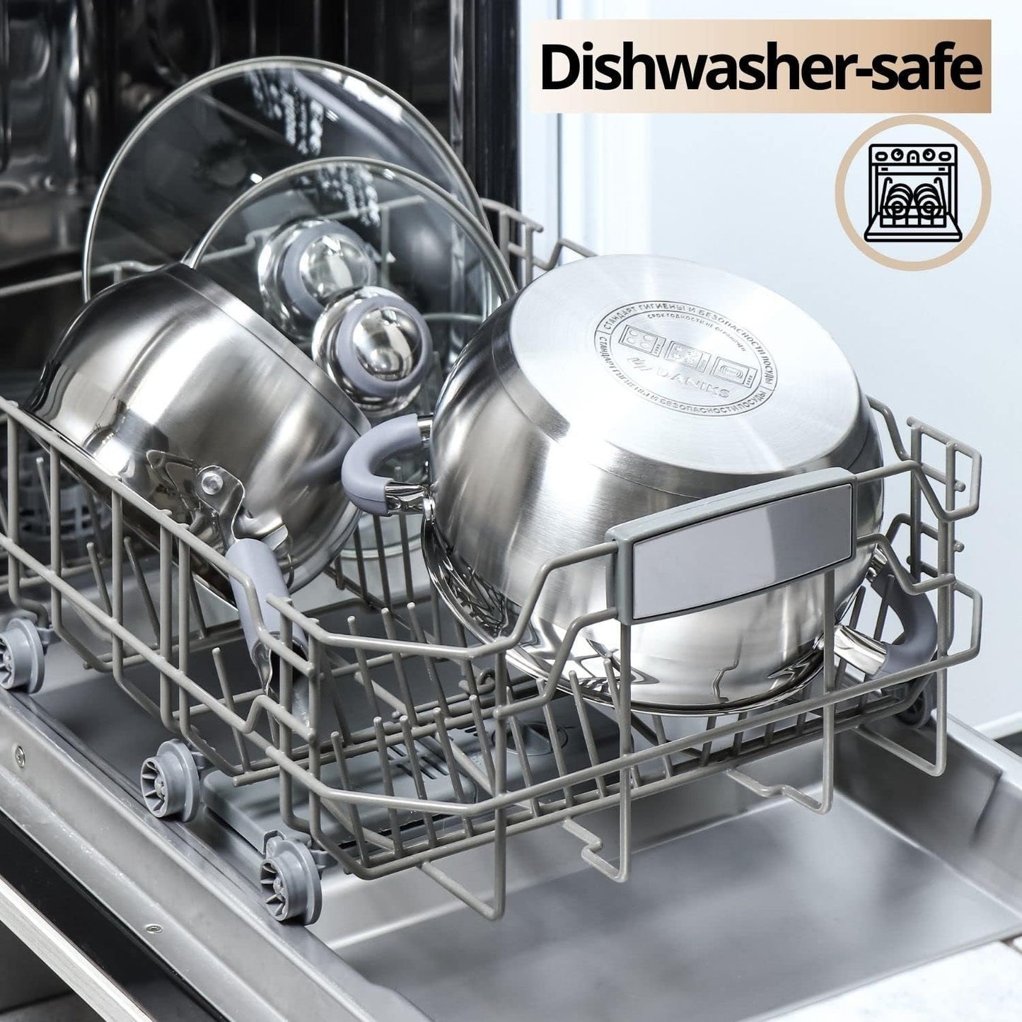 Conjunto de Panelas de Indução Moderno em Aço Inox com 6 Peças – Panelas Próprias para Lava-Louças com Alças Antitérmicas, Tampas de Vidro, Prateado