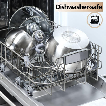Conjunto de Panelas de Indução Moderno em Aço Inox com 6 Peças – Panelas Próprias para Lava-Louças com Alças Antitérmicas, Tampas de Vidro, Prateado