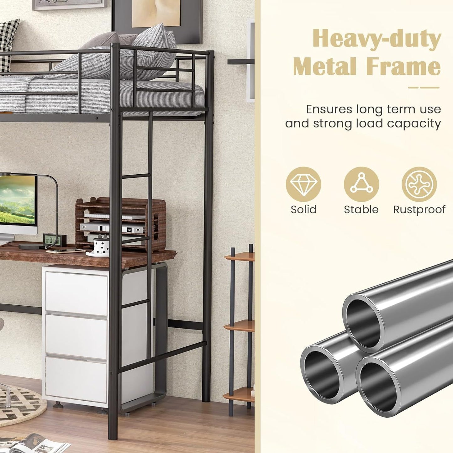 Estrutura de Cama Loft de Solteiro de Metal com Duas Escadas e Guarda-Corpo de Segurança, Não Precisa de Box, Economia de Espaço para Adolescentes