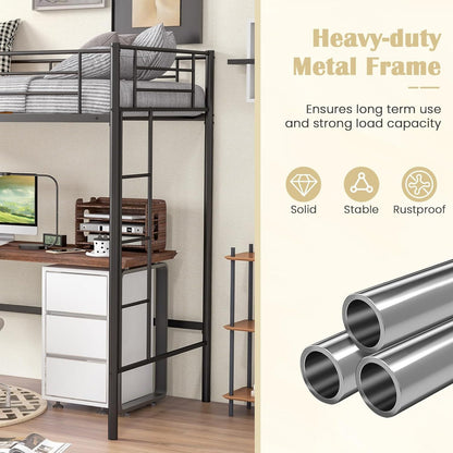 Estrutura de Cama Loft de Solteiro de Metal com Duas Escadas e Guarda-Corpo de Segurança, Não Precisa de Box, Economia de Espaço para Adolescentes