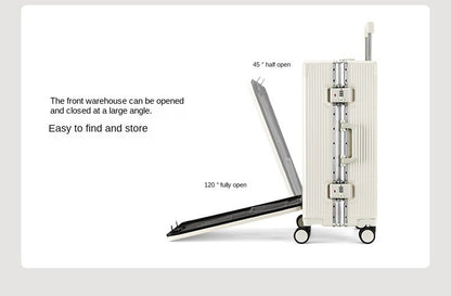 Suitcase Front Opening Pocket Aluminum Alloy Frame Rolling Luggage with USB Charging Plug Trolley Carry-on Case Bag with Wheel