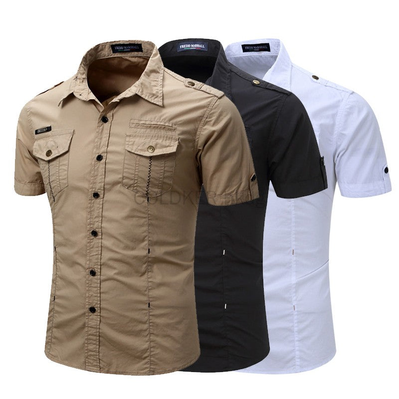 Euro Big Size Men's Cotton Casual Short Sleeve Button-Down Shirt with Chest Pockets Regular-Fit Work Shirt Outdoor Cargo Wear