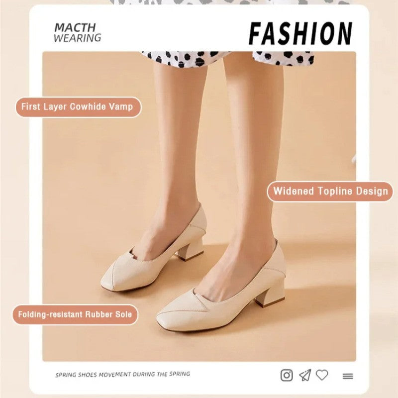 Four Seasons Shoes Soft Bottom Middle-aged Women's Shoes Chunky Heeled Mom Shoes Comfortable Casual Work Leather Shoes