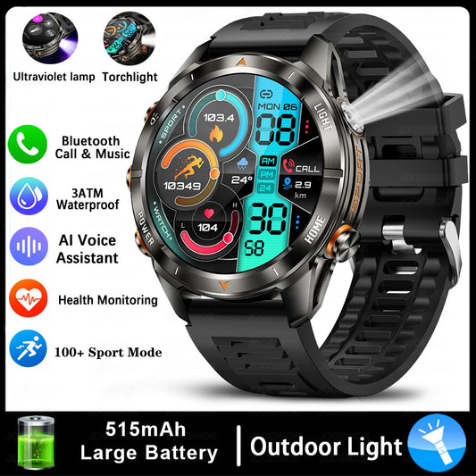 New Outdoor Sport Smart Watch Men 1.46" AMOLED Screen LED Flashlight 515mAh Battery 10ATM Waterproof Bluetooth Call Smartwatch