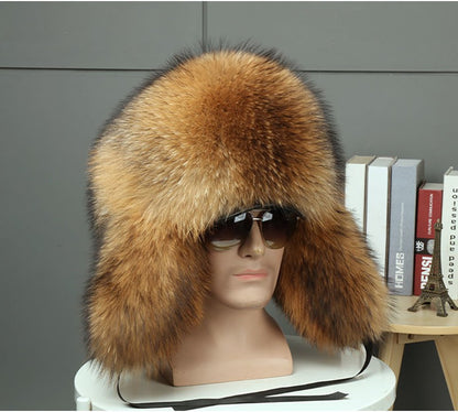 Real Fur 100% Fox Skin Russian Businessmen Pilot Bombers Full Mao Men's hat Ushanka Winter Ear Guard Hat Raccoon Fur Beanie hat