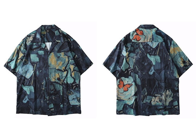 2025 Men Harajuku Hawaiian Shirt Hip Hop Streetwear Butterfly Painting Print Beach Shirt Summer Short Sleeve Aloha Shirt Casual