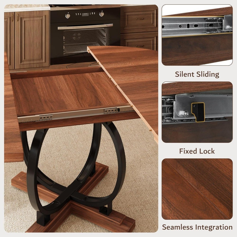 59'' Extendable Round Dining Table for 4 to 6, Kitchen Table with Sturdy X-Base Metal Legs, MDF Board with Backboard Clasp