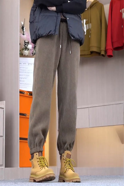 Solid Casual Thicken Women Corduroy Pants Lamb Fleece Padded Cashmere Warm Sweatpants Female Elastic Waist Soft Fur Trousers
