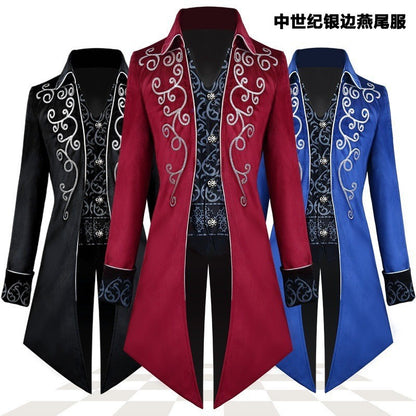 2025 Medieval Vintage Silver Trim Jacquard Men's Tuxedo, COS Prom Performance Steampunk Dress Jacket, Easter Halloween Costumes