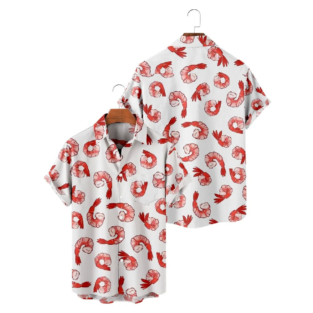 2024 Hawaiian Shrimp Print Men's Shirt for Shrimp Cartoon Short Sleeve Shirt Hawaiian Summer Beach Vacation Top Breathable