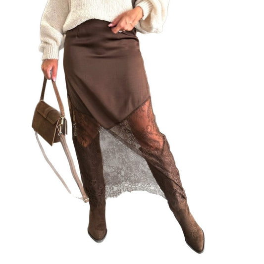 Elegant Mid-Length Lace Patchwork Women's Skirt Bodycon Mini Dress Cross-Border Autumn Winter Street Style Pure Color Trend