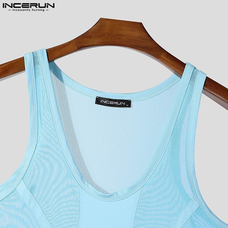 INCERUN American Style Bodysuits Fashion Mens Mesh Splicing Side High Slit Triangle Jumpsuits Sexy Homewear Sleeveless Jumpsuits