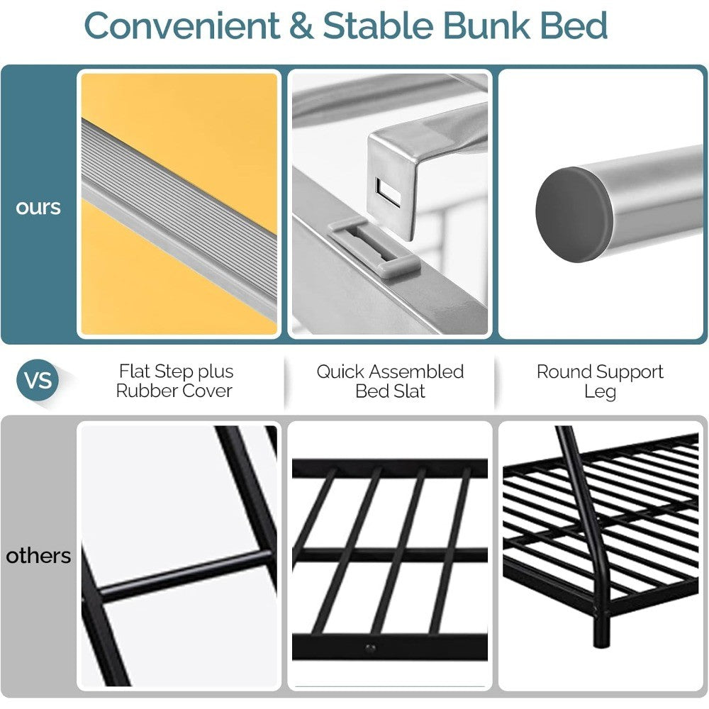 Metal Bunk Bed Twin Over Twin, Heavy Duty Bunk Bed with Flat Steps for Kids, Teens & Adults, Gray