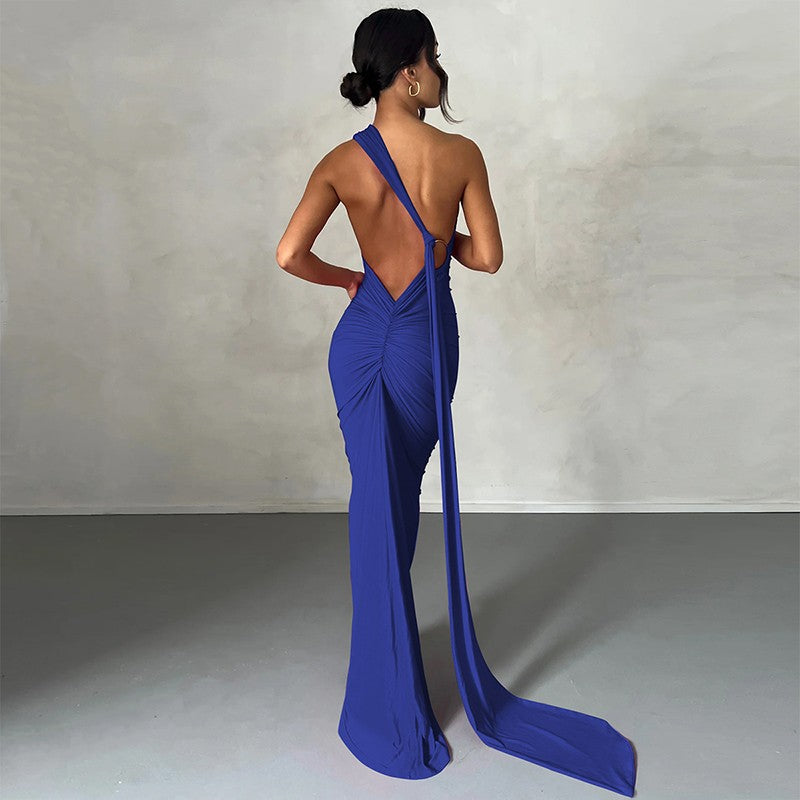 Hugcitar One Shoulder Backless Adjustable Scarf Loop Ruched Sexy Maxi Dress Wome
