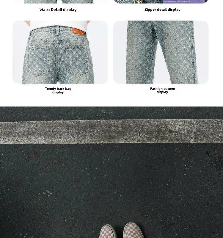 Calça Jeans Masculina Slim Reta Hiphop Estilo Europeu e Americano de Grife Jacquard Estampa Full Print Trendy de Rua