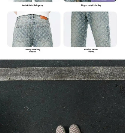 Calça Jeans Masculina Slim Reta Hiphop Estilo Europeu e Americano de Grife Jacquard Estampa Full Print Trendy de Rua
