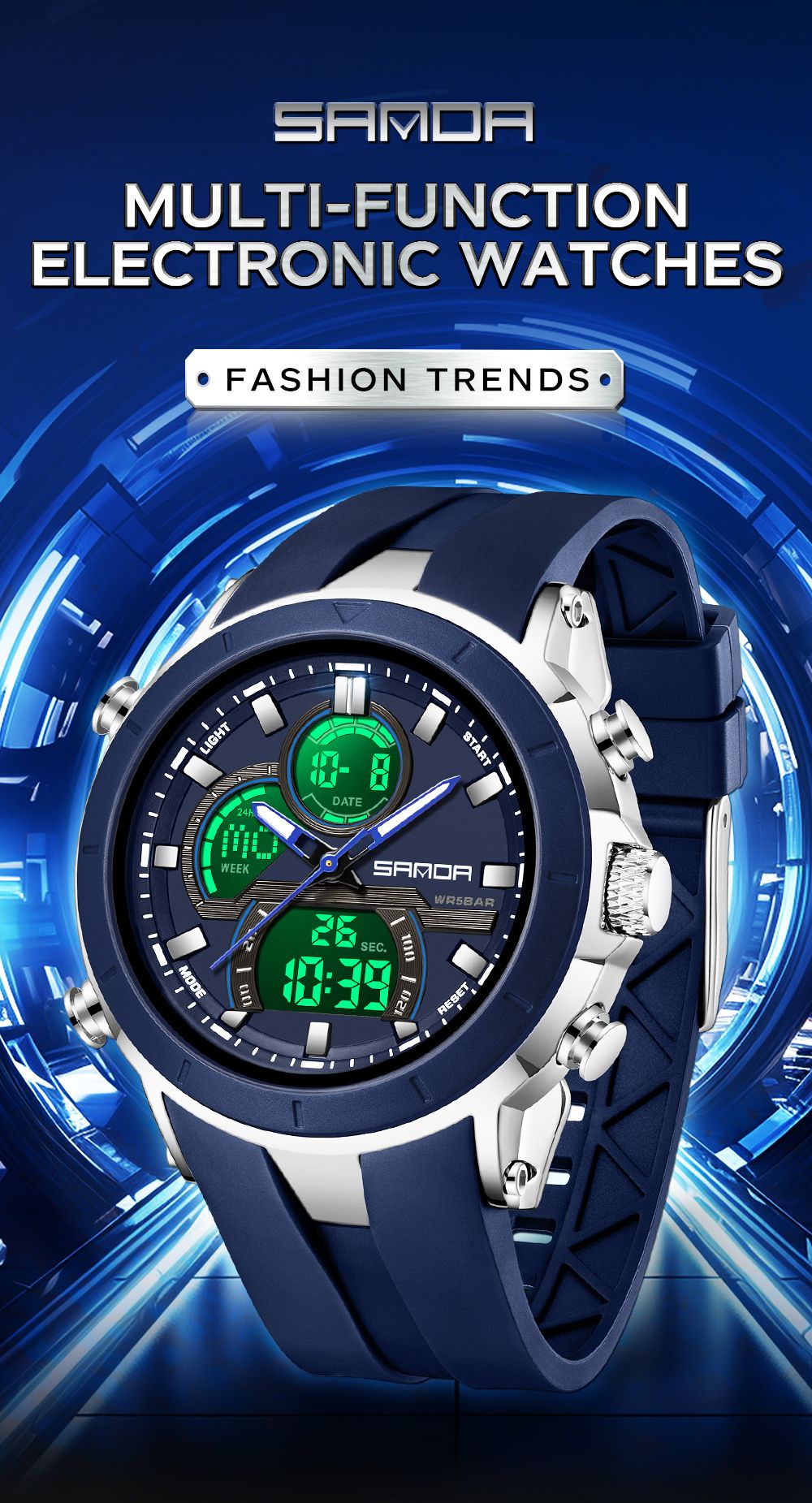 SANDA Mens Watches Countdown Waterproof Alarm Clock Wristwatch Multifunctional Luminous Men Quartz Digital Watch Alarm Clock