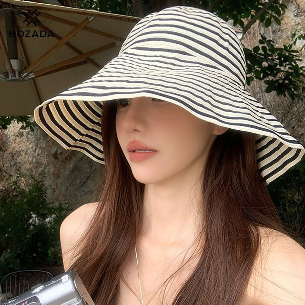 1Pcs Durable Sunproof Striped Bucket Hat Foldable Retro Summer Hat Big Head Circumference Fashion Sunscreen Basin Hat Women