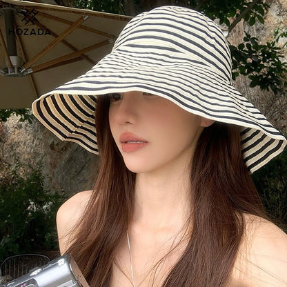 1Pcs Durable Sunproof Striped Bucket Hat Foldable Retro Summer Hat Big Head Circumference Fashion Sunscreen Basin Hat Women