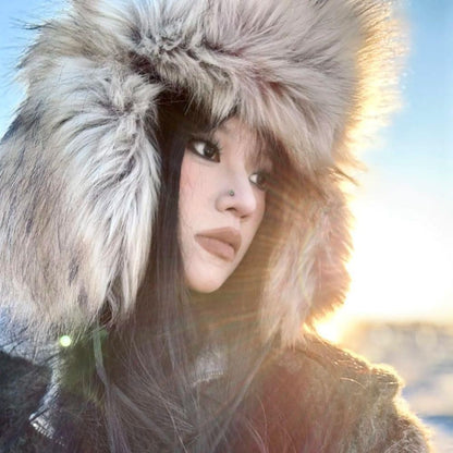 Gorro de inverno russo feminino com proteção de orelha de pele sintética, gorro corta-vento quente para senhoras, moda de luxo, chapéu de esqui de cor sólida com aba larga