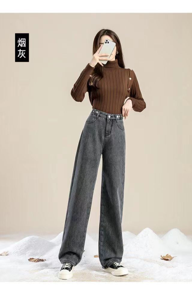 Thickened Fleece Lined Retro Women's Wide Leg Jeans Winter New Style Hong Kong Flavor Small Size Straight Cut Warm Trousers
