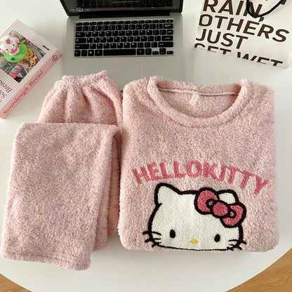 Thickened Warm Women‘s Sleepwear Cartoon HelloKitty Women's Pajamas Set Winter New Cute Fashion Two Sets Nightwear Loungewear