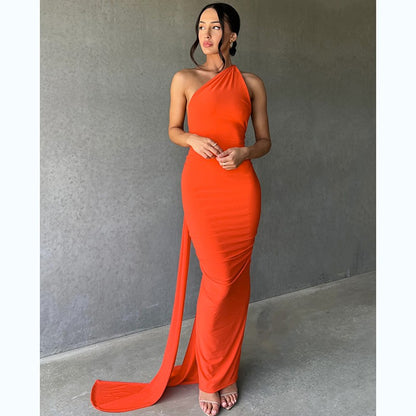 Hugcitar One Shoulder Backless Adjustable Scarf Loop Ruched Sexy Maxi Dress Wome