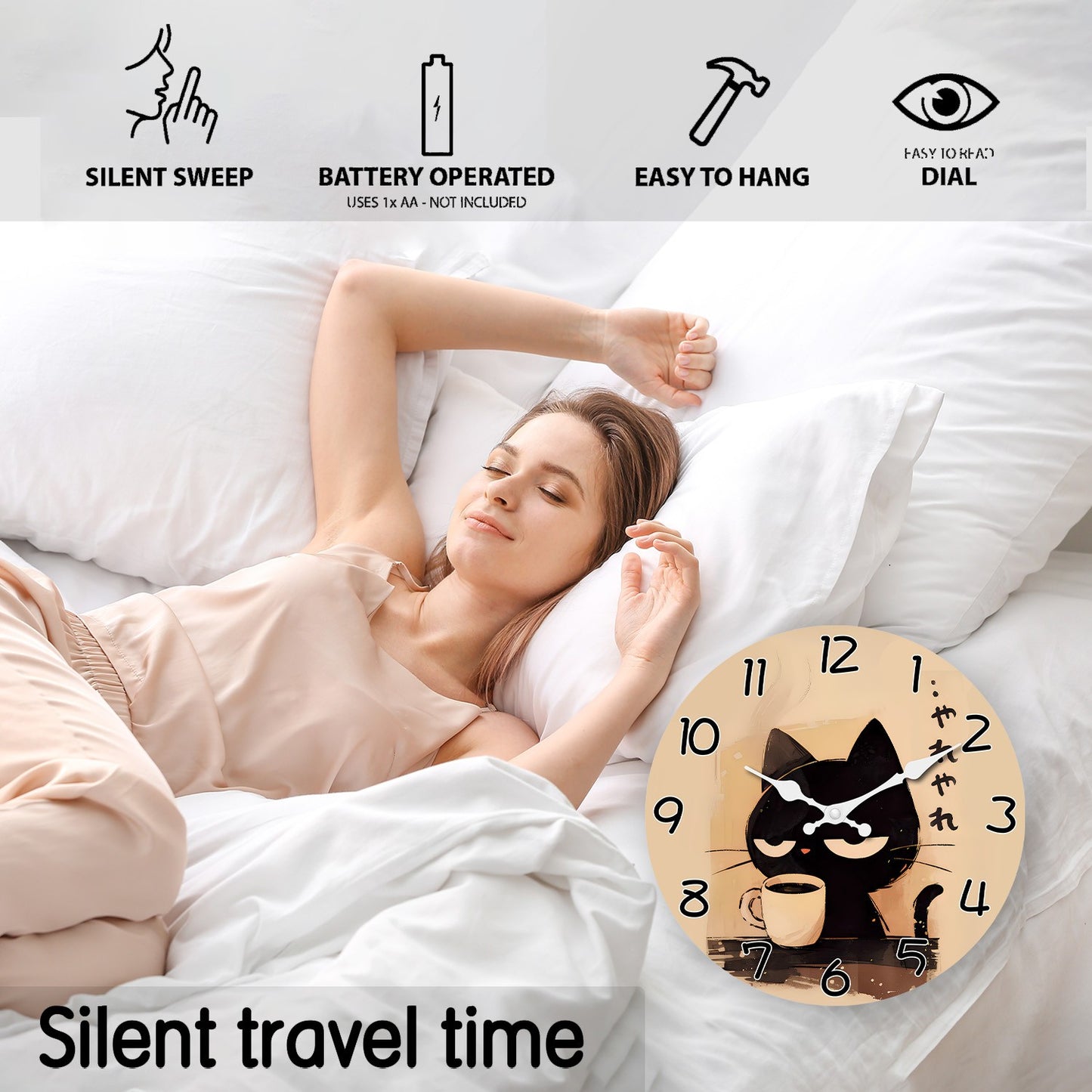 Retro Cute Black Cat Drinking Coffee Pattern Wooden Wall Clock Living Room Bedroom Kitchen Home Decoration Wall Clock Silent Quartz Clock Holiday Gift 10 Inches 12 Inches 14 Inches 16inch (Without Batteries)