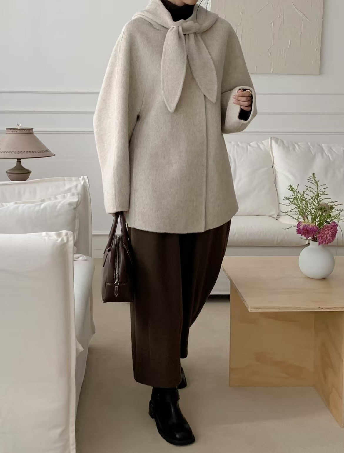 Korean Sle Woolen Coat Women's Chic Temperament Sweet Bow Tie Collar Hooded Warm Woolen Coat Long Sve Mid-Length