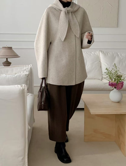 Korean Sle Woolen Coat Women's Chic Temperament Sweet Bow Tie Collar Hooded Warm Woolen Coat Long Sve Mid-Length