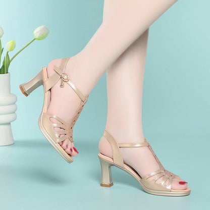 2025 New All-Match Thick Heel Thick Sole Fish Mouth Shoes Middle-Aged Women's Summer Elegant Mother Professional Sandals Fashion