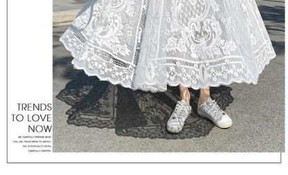 Plus Size plus Size Lace Hollow out f Skirt mid Waist Long Sle Fairy Skirt A-Line Umbrella Skirt Trendy Women's Clothing