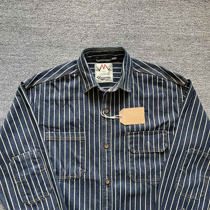 Spring New American Retro Heavyweight Denim Cargo Striped Shirt Men's Simple 100% Cotton Washed Old Casual Blouses Thin Jacket