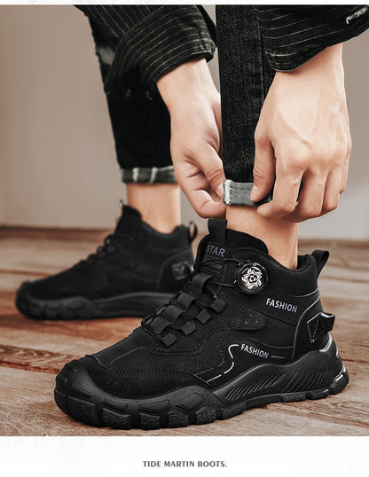 High-Top Men's Shoes for Winter, Thick-Soled Sports Shoes, British Style Retro Work Shoes, Rotating Buckle Casual Boots