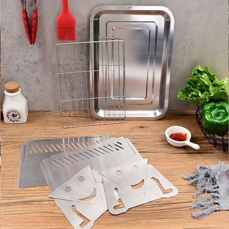 3-Piece Stainless Steel Portable BBQ Set - Compact Folding Grill for Camping, Mini Detachable Card-Style Outdoor Cooking