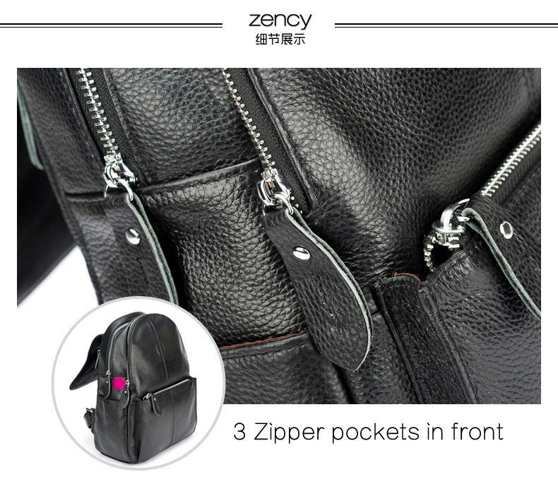 Zency Mochila Feminina Elegante Preta Branca Couro Genuíno Qualidade A++ Antifurto Grande Capacidade Mochila de Viagem Designer