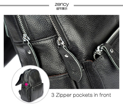Zency Mochila Feminina Elegante Preta Branca Couro Genuíno Qualidade A++ Antifurto Grande Capacidade Mochila de Viagem Designer