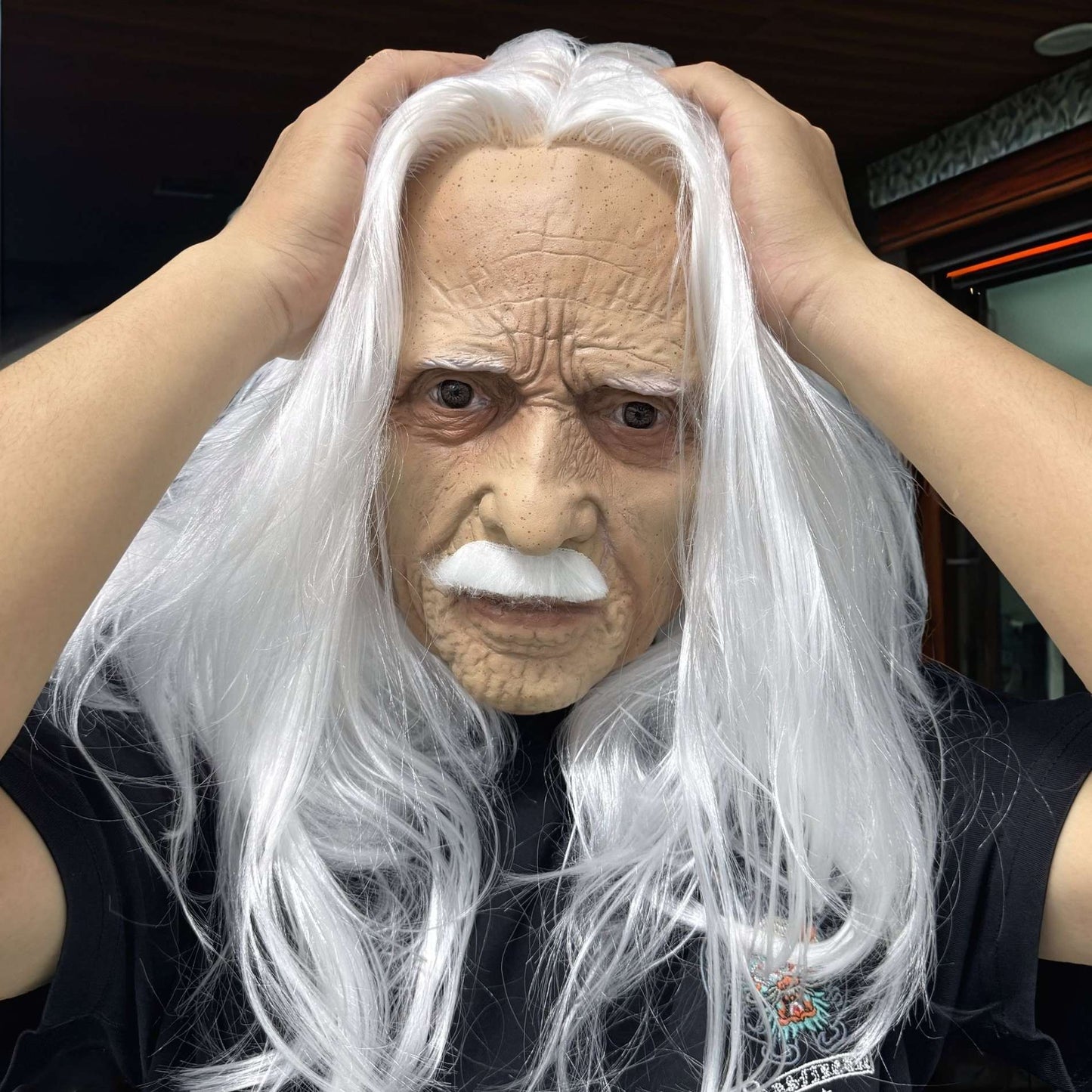 Realistic Old Man Latex Mask with Long White Hair & Mustache – Full Head Cosplay Helmet for Halloween Costume Party Props