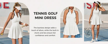 Fisoow Women's Tennis Skirt with Built in Shorts and Bra, Summer Backless Hanging Neck V-neck Yoga Golf Exercise Mini Dress