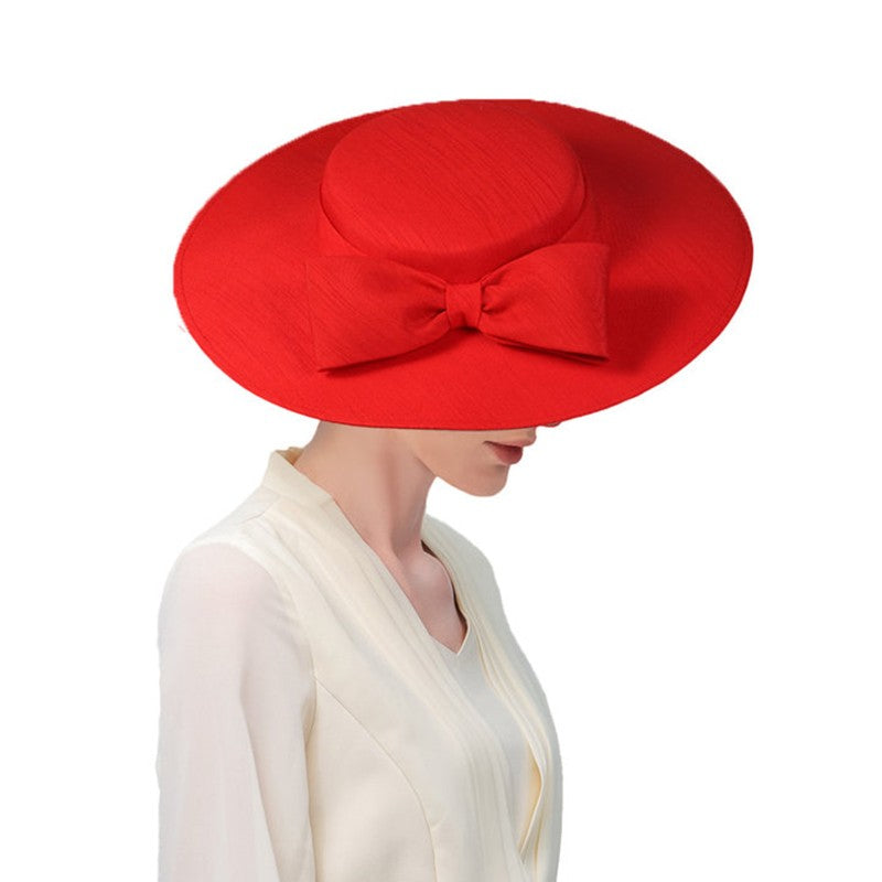 FS Elegante Chapéu de Aba Larga Marfim Feminino Grande Laço Ocasião Formal Kentucky Boné Feminino Casamento Coquetel Festa Fedora de Topo Reto 2024