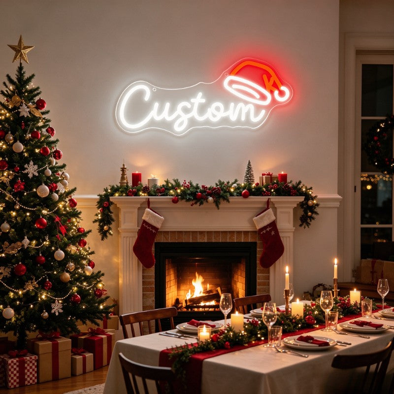 Custom Text and Santa Hat Neon Sign Creative LED Christmas Light Wall Decor Unique Xmas Gift for Home Party Holiday Decoration