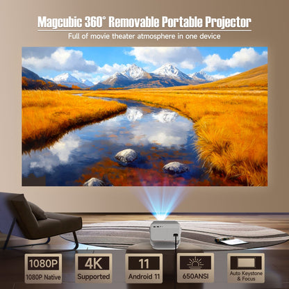 Projetor Magcubic 650ANSI L018 4K Nativo 1080P Foco Automático e Correção de Keystone Android11 BT5.2 WIFI6 Cinema Doméstico Portátil 360°