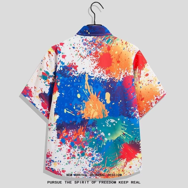 Y2K Men Oversize Street Fashion Summer Daily Shirt Hawaiian Splash-ink Print Casual Loose Short Sleeve Beach Shirts For Man Tops