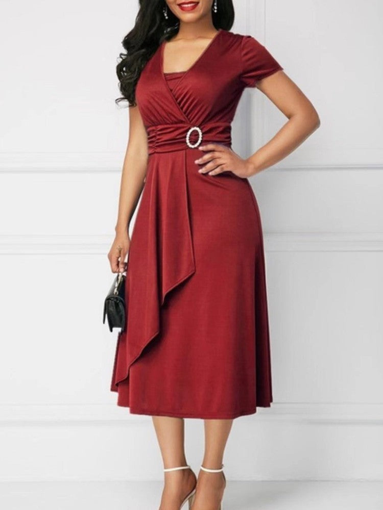 Summer Dresses Elegant Women Solid Color Short Sleeve V Neck Asymmetric Hem Wais