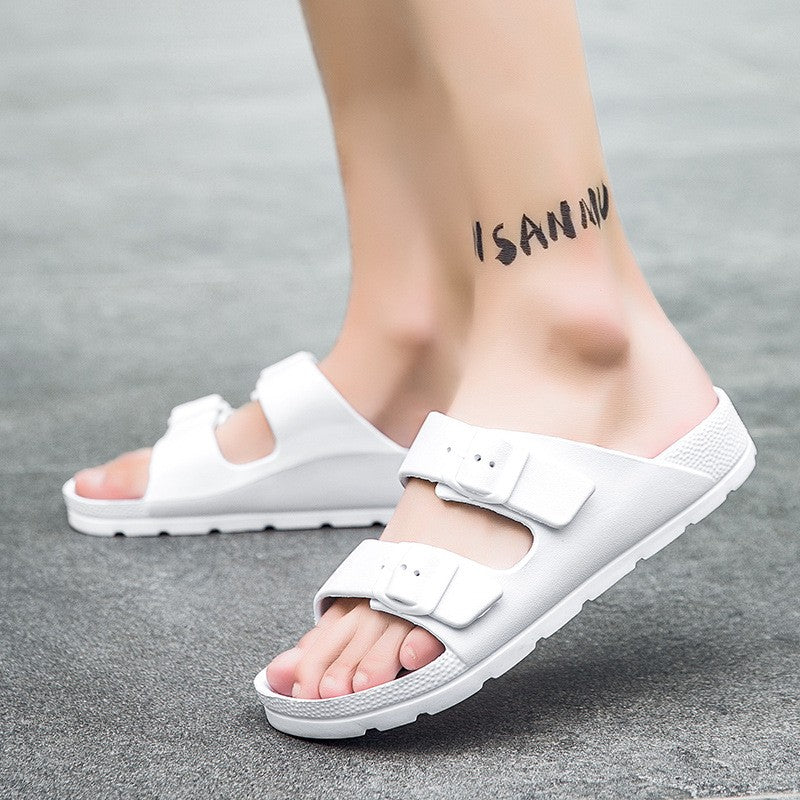 Litfun Women Summer New Sandals Fashion Double Buckle Outdoor Non-slip Beach Shoes Soft EVA Sandals Couple Casual House Slides