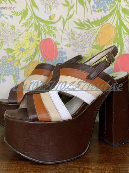 Mutilcolor Cross Tied Hollow Elegant Sandals Slingback Chunky High Heel Retro Style Women Shoes 2025 Summer Zapatos Para Mujere