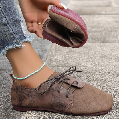 Brown Round Toe Flats Shoes Women 2025 Faux Suede Lace Up Flat Shoes for Woman Plus Size 43 Soft Walking Casual Shoes Female
