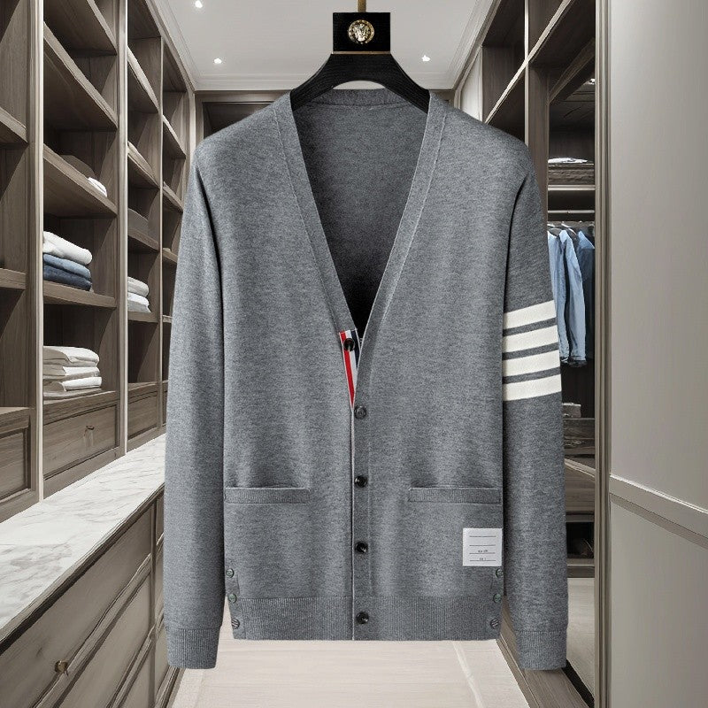 Luxury brand men's knitted sweater for autumn and winter high-end striped design Korean version boutique cardigan casual jacket