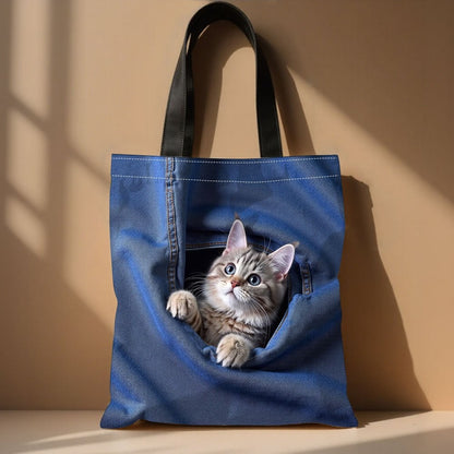 Storage Bag Cat Peeking Through Jeans Pocket Pattern Handbag Cute Animal Tote Bags Suitable for Shopping Traveling Shoulder Bag